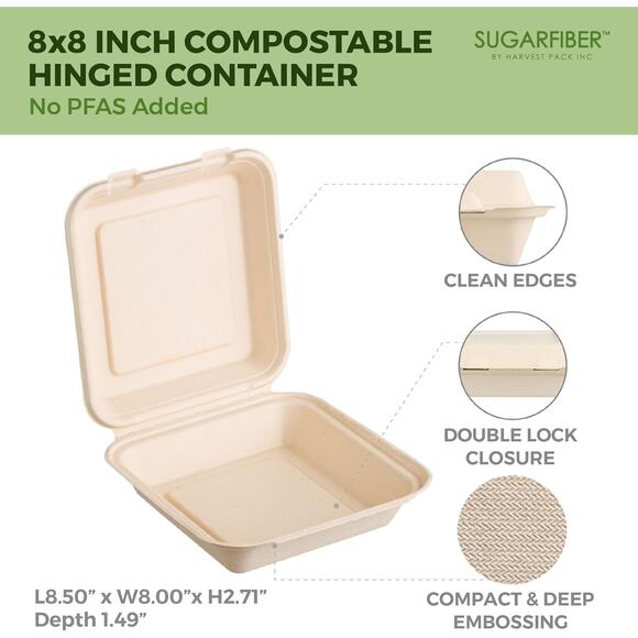 50 Pack 8x8 Compostable Clamshell Food Containers PFAS Free Bagasse Hinged Box - Picture 8 of 10